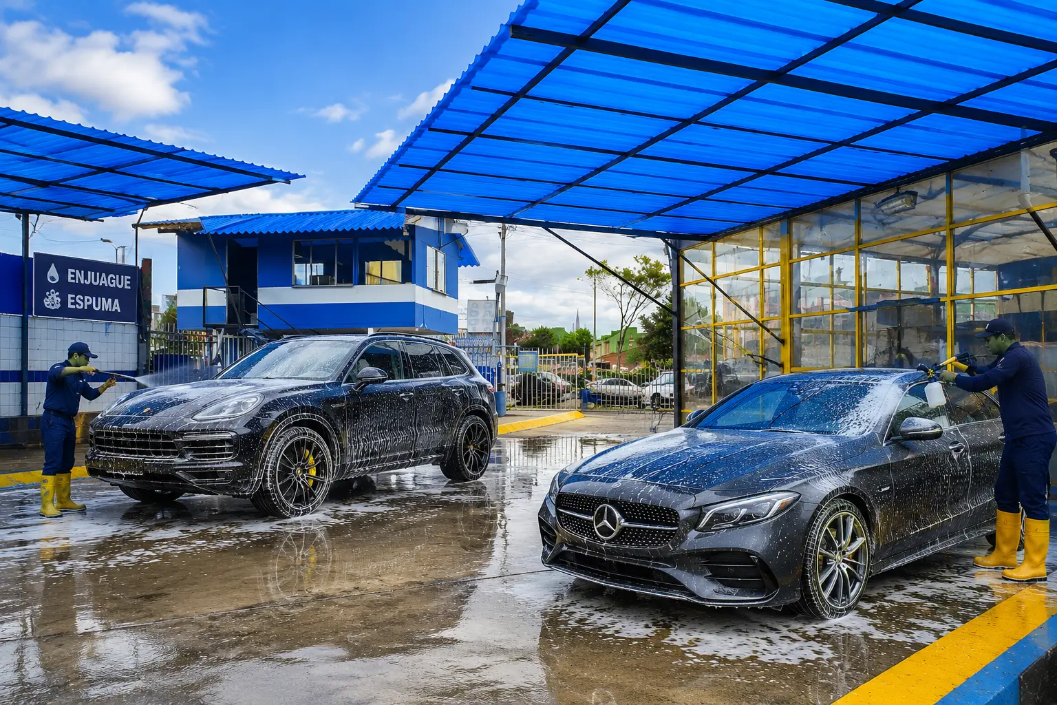 Autos y camionetas siendo lavados en Maxi Wash Autolavado